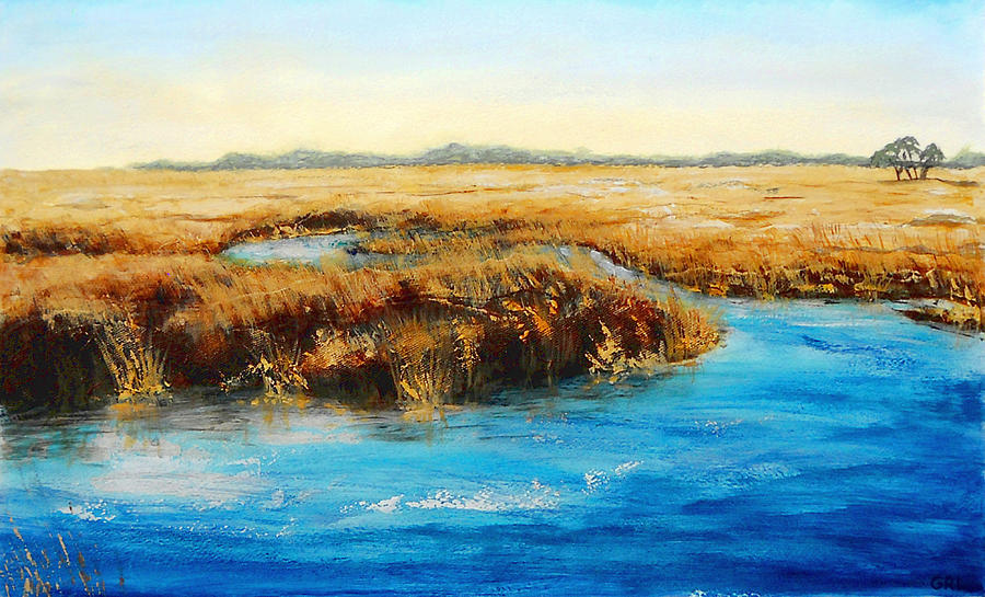 Multimedia Painting - Gulf Coast Marsh I Original Fine Art Painting by G Linsenmayer