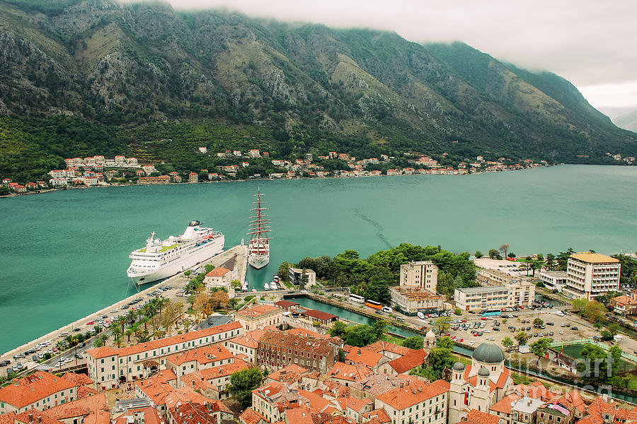 Mountain Photograph - Gulf of Kotor with cruise liner by Iryna Liveoak