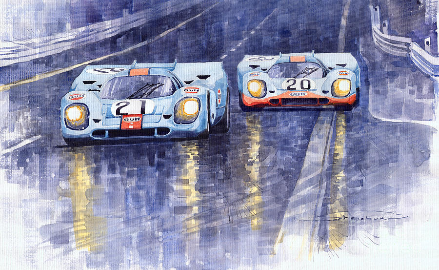 Watercolour Painting - Gulf-Porsche 917 K Spa Francorchamps 1971 by Yuriy Shevchuk