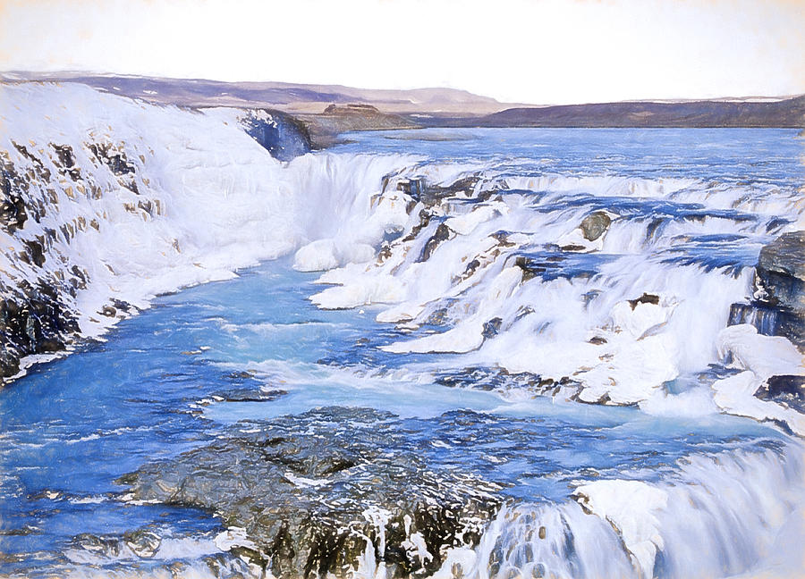 Gullfoss Waterfalls Pastel 4 Digital Art by Roy Pedersen