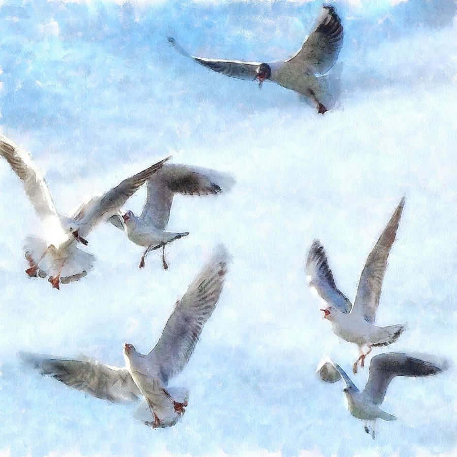 Gulls In Flight Watercolor Painting by Taiche Acrylic Art