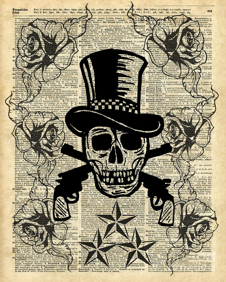 Rose Painting - Gunslinger,Happy Skull,Gunsn Roses,Rockstar Vintage Decoration Card,Craft Supplies,Dictionary Art, by Anna W