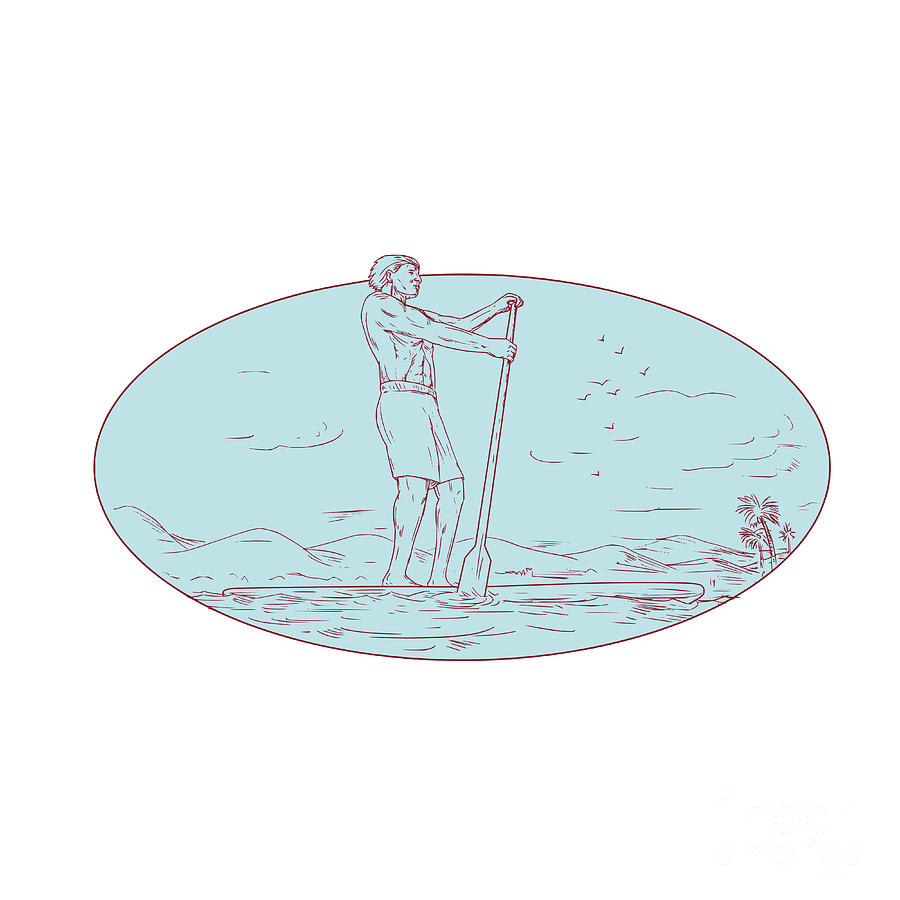Sunset Digital Art - Guy Stand Up Paddle Tropical Island Oval Drawing by Aloysius Patrimonio
