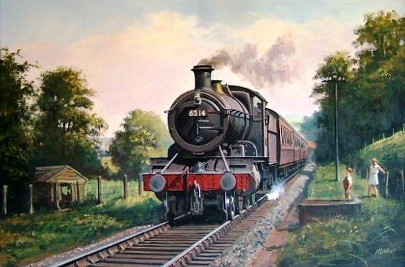 GWR 2-6-0 on a local passenger train. Painting by Mike Jeffries