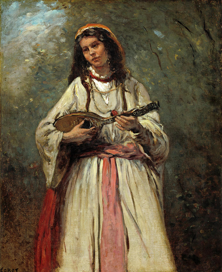Portrait Painting - Gypsy Girl with Mandolin by Jean Baptiste Camille Corot