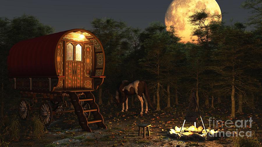 Tree Digital Art - Gypsy Wagon in the Moonlight by Fairy Fantasies