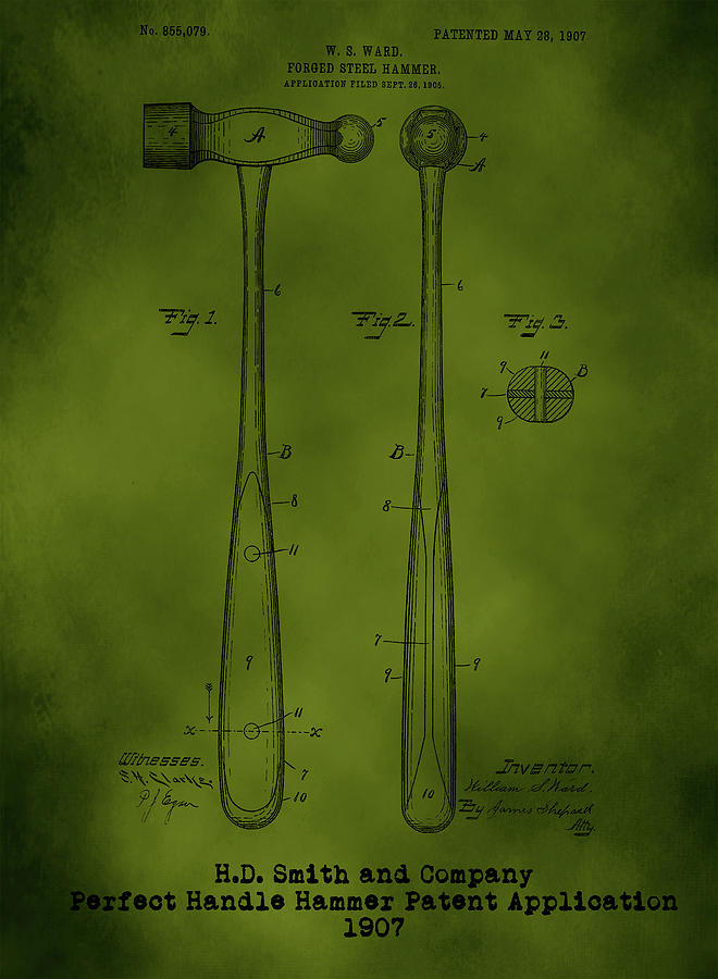 H. D. Smith Perfect Handle Hammer Patent black on green Digital Art by David Smith