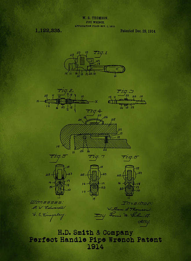 H. D. Smith Perfect Handle Pipe Wrench Patent Black on Green Digital Art by David Smith