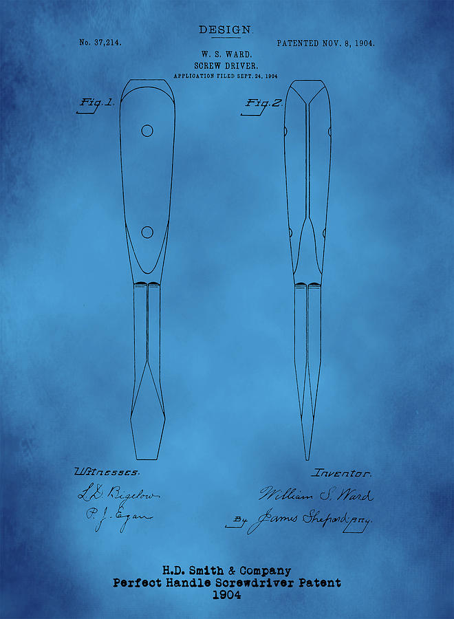 H. D. Smith Perfect Handle Screwdriver patent Black on Blue Digital Art by David Smith