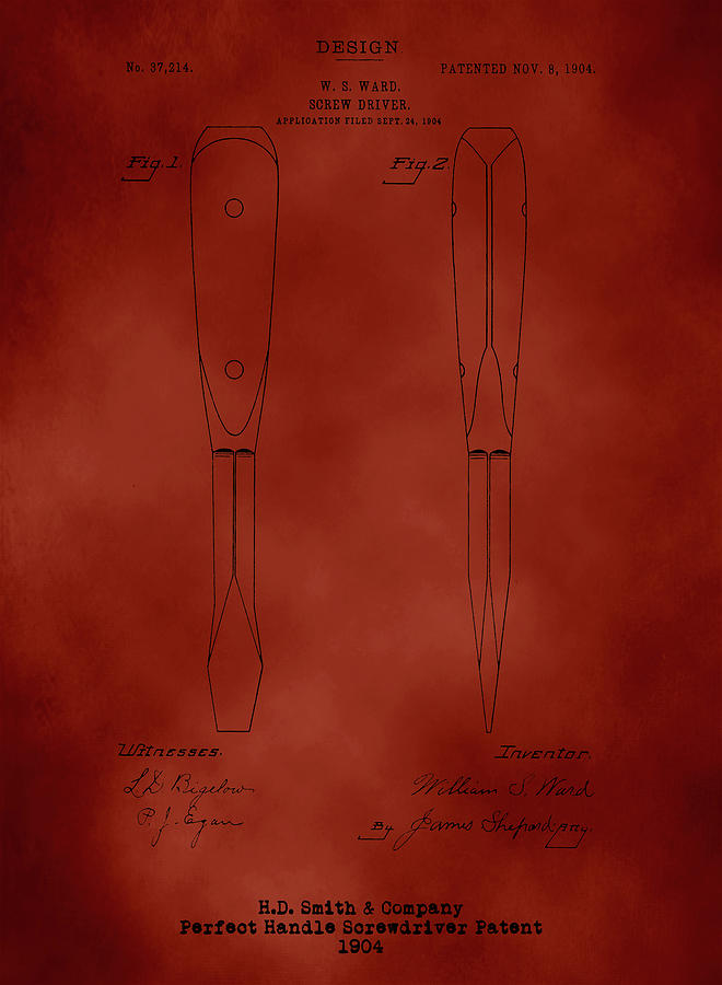 H. D. Smith Perfect Handle Screwdriver patent Black on Red Digital Art by David Smith