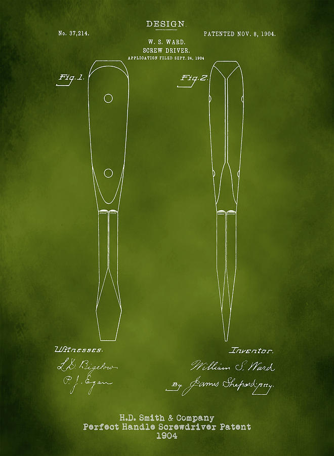 Tool Digital Art - H. D. Smith Perfect Handle Screwdriver patent white on green by David Smith