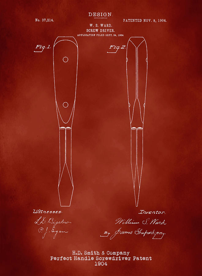 H. D. Smith Perfect Handle Screwdriver patent white on red Digital Art by David Smith