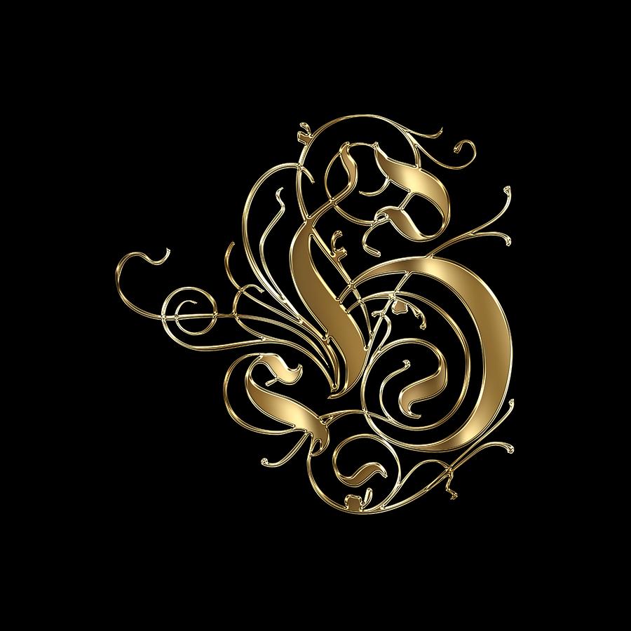 H Ornamental Letter Gold Typography Painting by Georgeta Blanaru