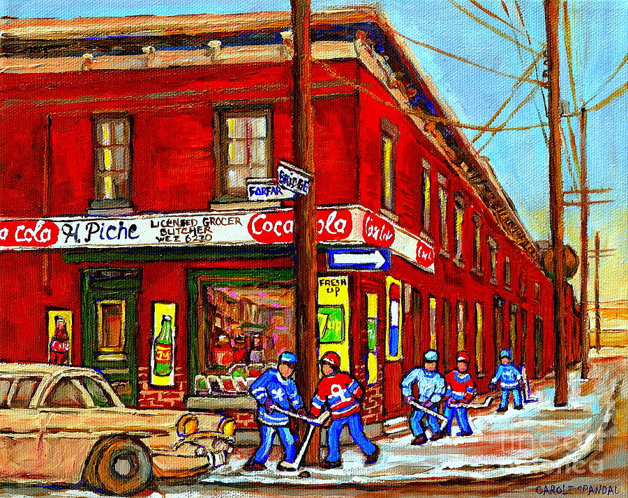 H Piche Grocer Goose Village Montreal Memories Hockey Art  Vintage Canadian Scene Cspandau           Painting by Carole Spandau