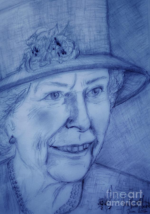 H R H Queen Elizabeth I I Royal Blue Drawing by Joan-Violet Stretch