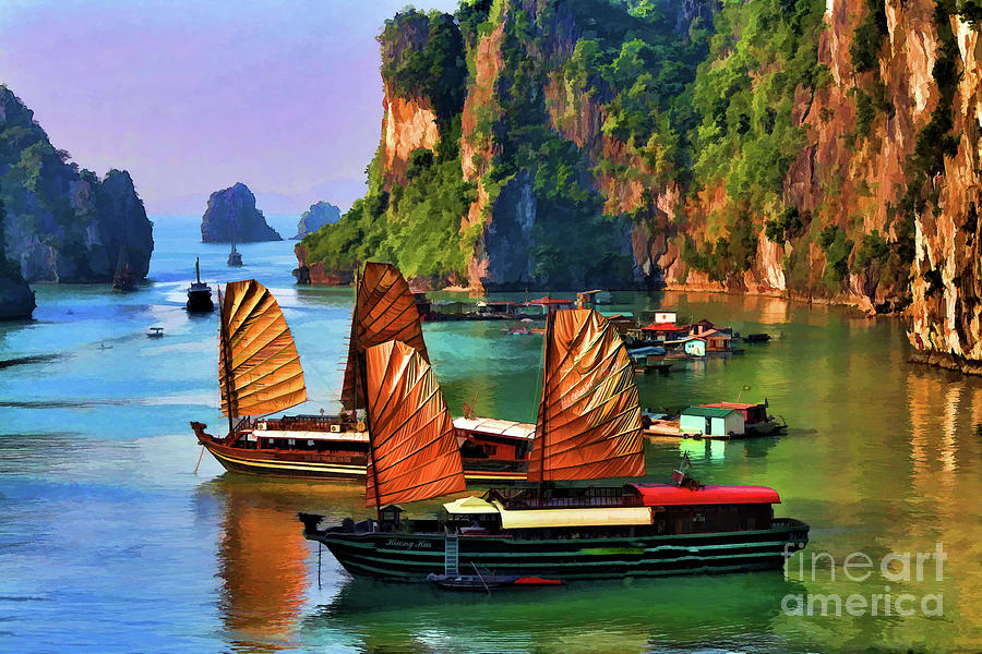 Ha Long Bay Orange Sails Vietnam Paint  Photograph by Chuck Kuhn