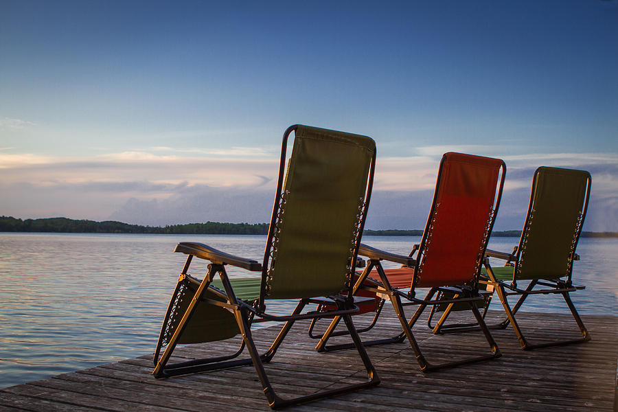 Hackensack Minnesota Lawn Chairs on Dock at Sunset Photograph by Toni Thomas