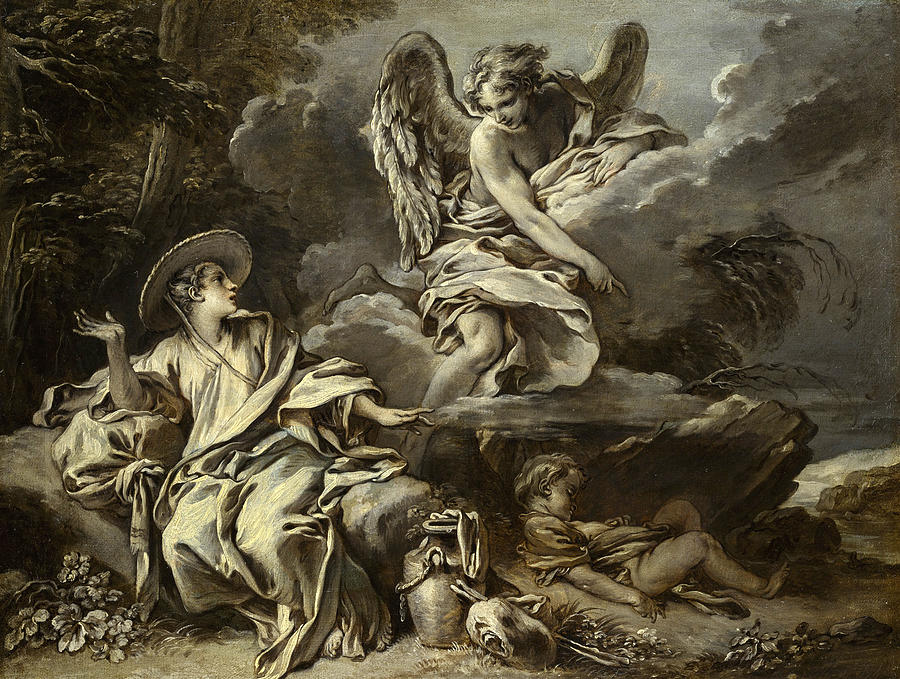 Hagar and Ishmael in the desert with the angel Painting by Francois Boucher