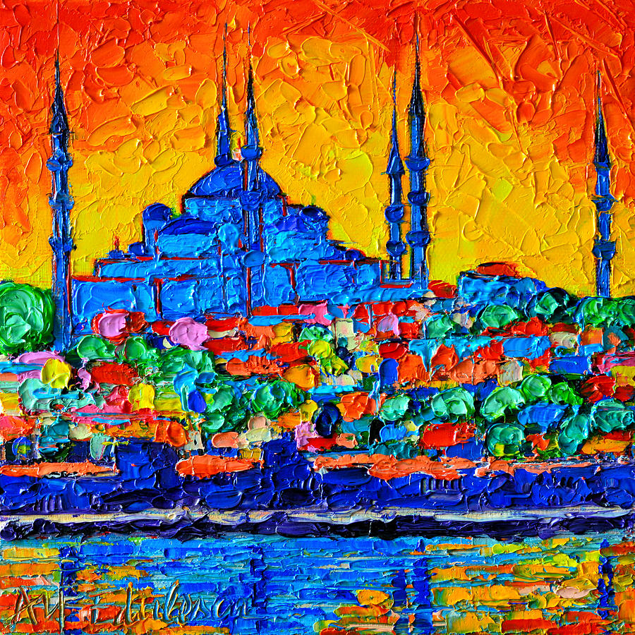 Turkey Painting - Hagia Sophia At Sunset Istanbul Abstract Cityscape Palette Knife Oil Painting By Ana Maria Edulescu by Ana Maria Edulescu