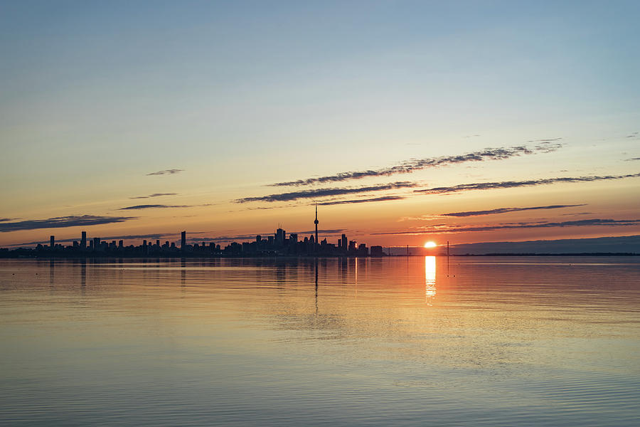 Half a Sunrise - Toronto Skyline From Across Silky Calm Lake Ontario Photograph by Georgia Mizuleva