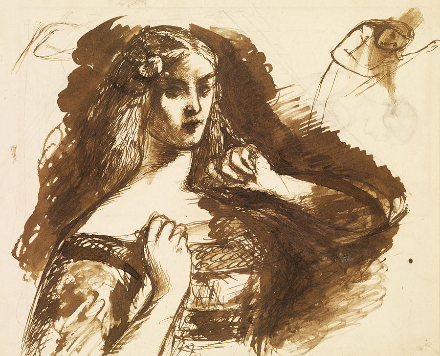 Half-length sketch of a young Woman Drawing by Dante Gabriel Rossetti