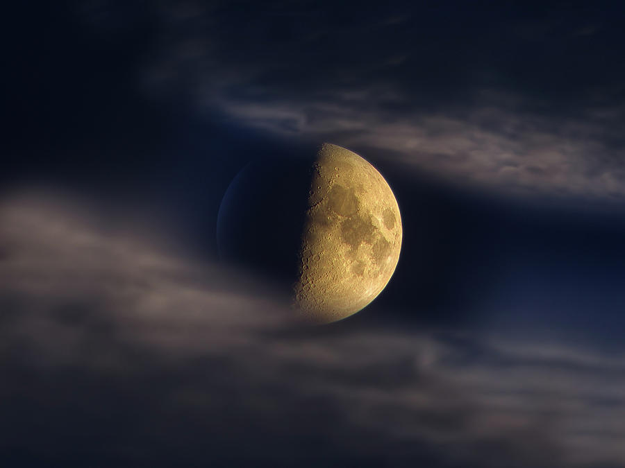 Half Moon Seen Through Night Clouds Photograph