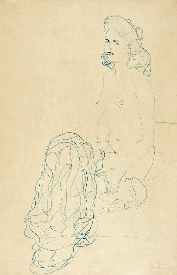 Half Nude to the Left Drawing by Gustav Klimt