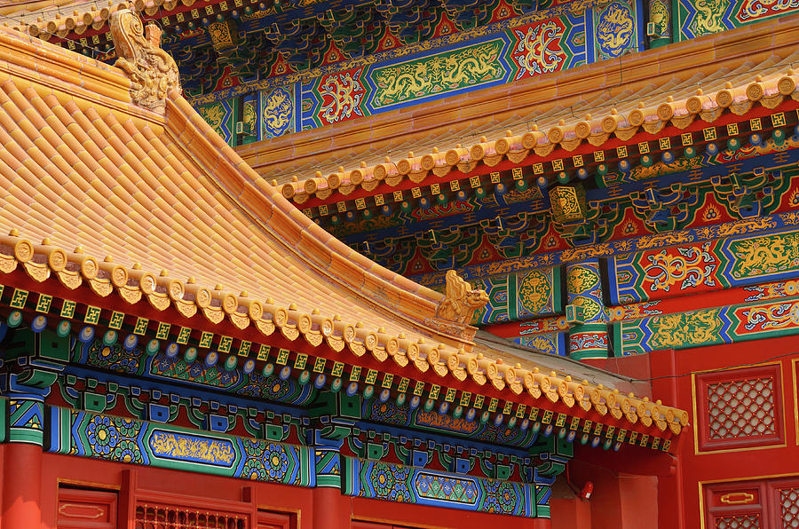 Hall of Preserving Harmony detail of painted wood building and t ...