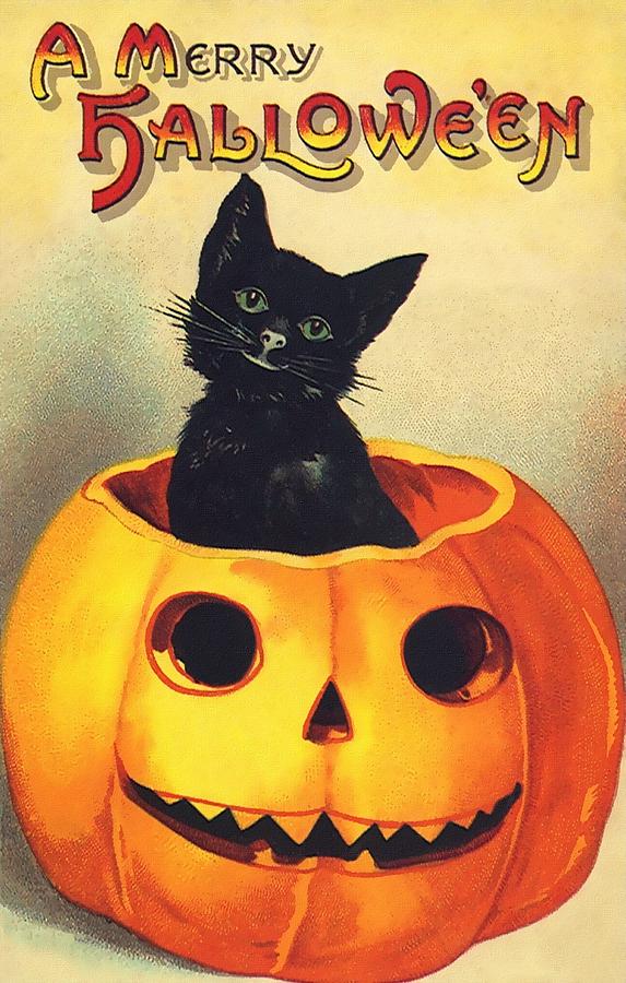 Halloween Black Cat Painting by Vintage Art