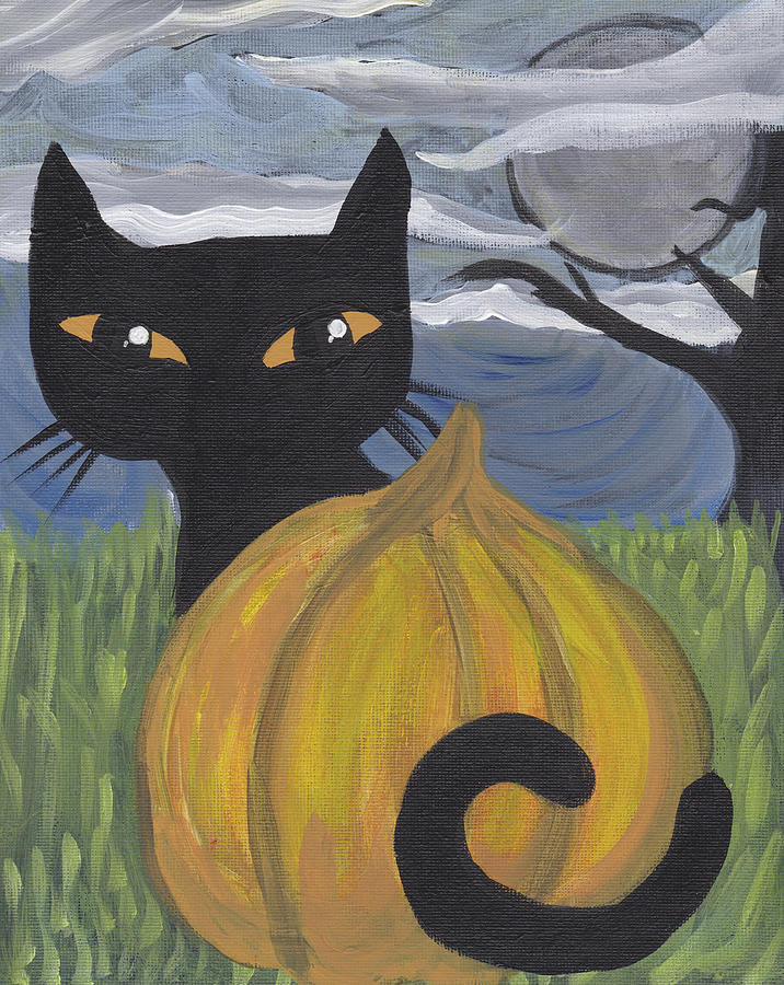 4x6 PRINT OF HALLOWEEN PAINTING RYTA FOLK ART BLACK CAT PUMPKIN PATCH SURREAL 