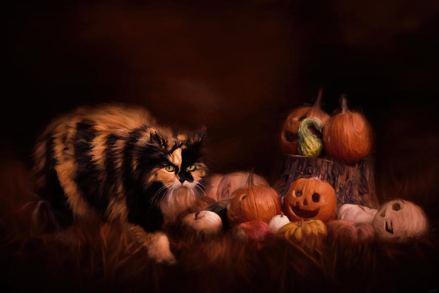 Halloween Calico Cat Art Painting by Jai Johnson