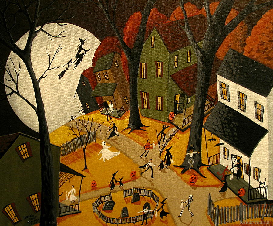 Halloween Eve - a folkartmama original - primitive folk art Painting by Debbie Criswell