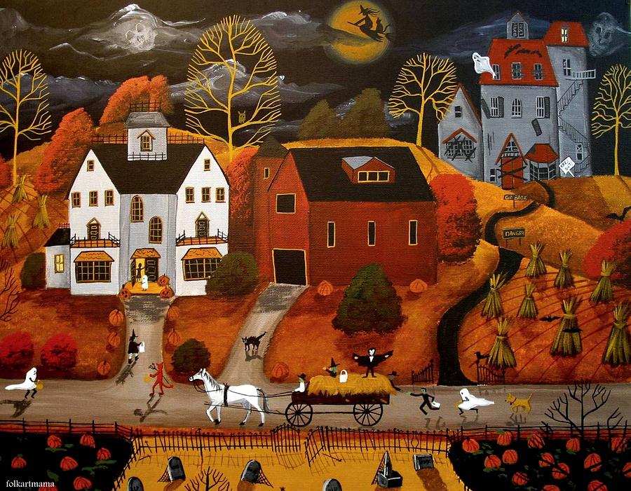 Halloween Hay Ride - a folkartmama - folk art Painting by Debbie Criswell