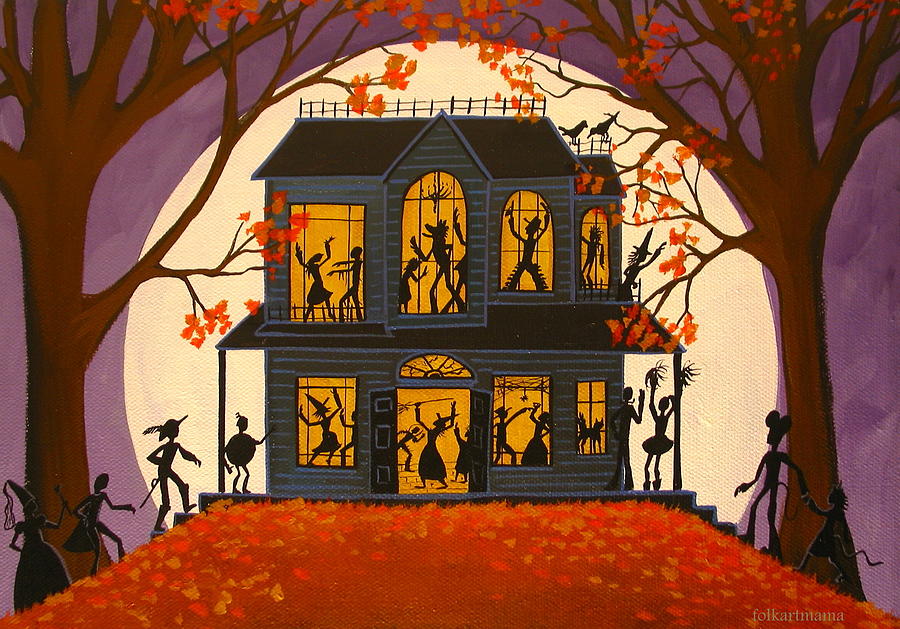 Halloween House Party - a folk art original - artist folkartmama  Painting by Debbie Criswell