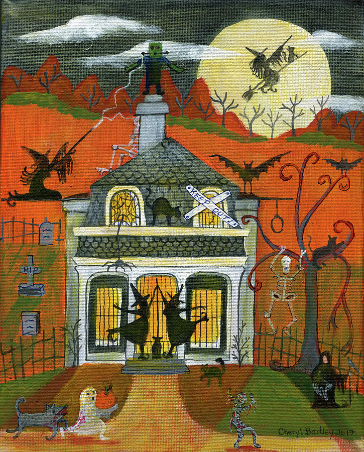 Halloween Old Jail House Witches Bats Cats Painting by Cheryl Bartley ...