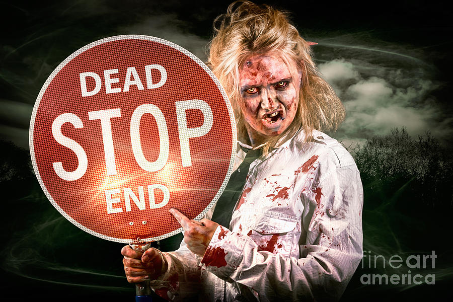 Halloween portrait. Scary zombie holding stop sign Photograph by Jorgo Photography