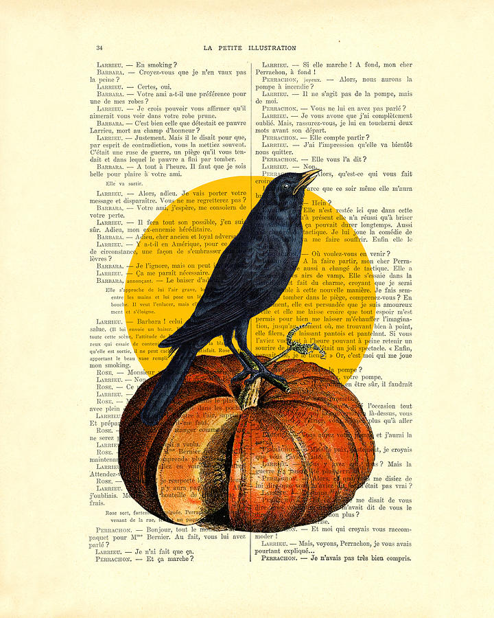 Crow Digital Art - Halloween pumpkin and crow decoration by Madame Memento