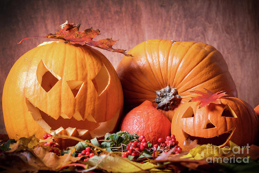Halloween pumpkins, carved jack-o-lantern in fall leaves Photograph by Michal Bednarek