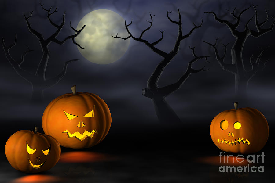 Halloween pumpkins in a spooky forest at night Digital Art by Sara ...