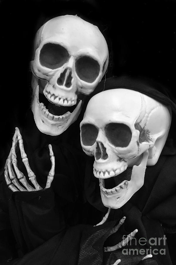 Skull And Bones Photograph - Halloween Skeletons - Black and White Halloween Skulls Skeleton Art by Kathy Fornal
