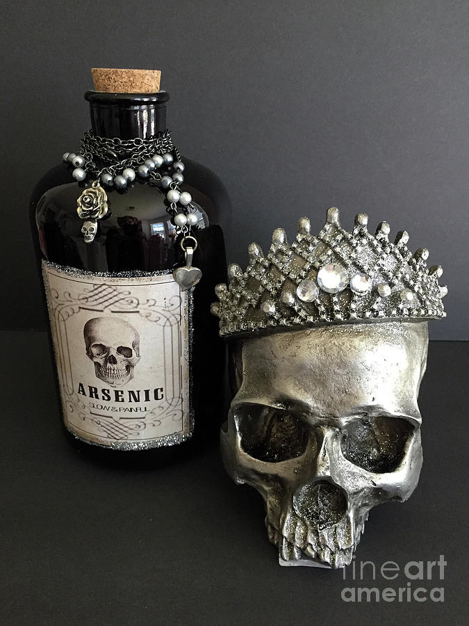Halloween Skull Crowned Jewels With Vintage Arsenic Bottle - Gothic Fantasy Skull Arsenic Poison  Photograph by Kathy Fornal