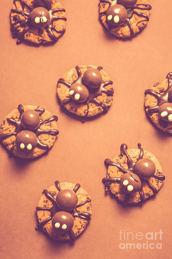 Candy Photograph - Halloween Spider Cookies on Brown Background by Jorgo Photography