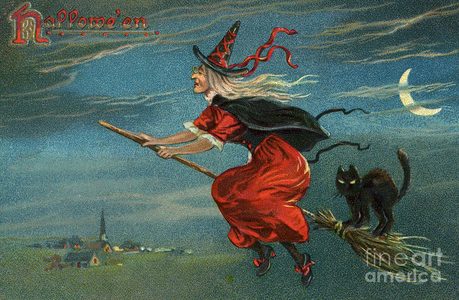 Halloween Witch and Black Cat Riding Broom at Night Painting by American School