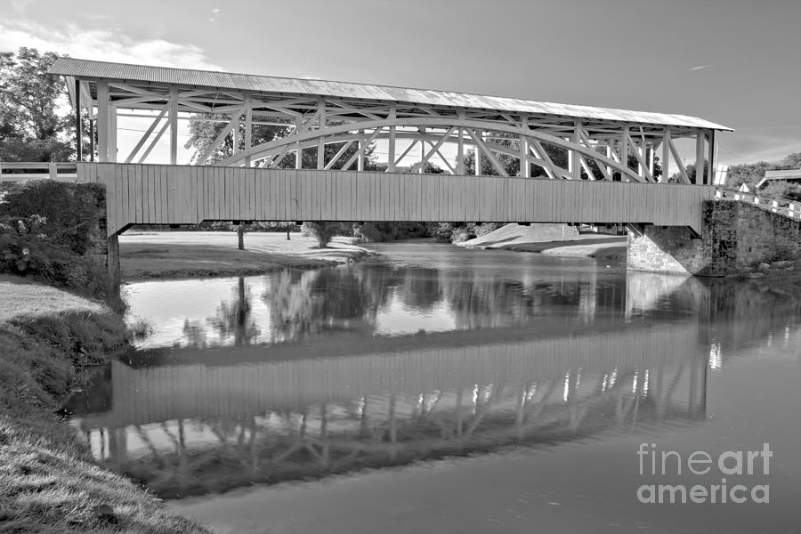Halls Mill Covered Bridge Reflections Black And White Photograph by Adam Jewell
