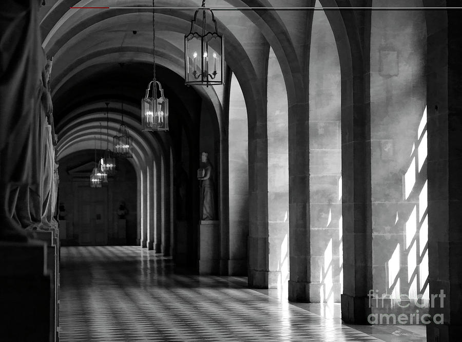 Paris Photograph - Hallway of Versailles Black White Architecture  by Chuck Kuhn