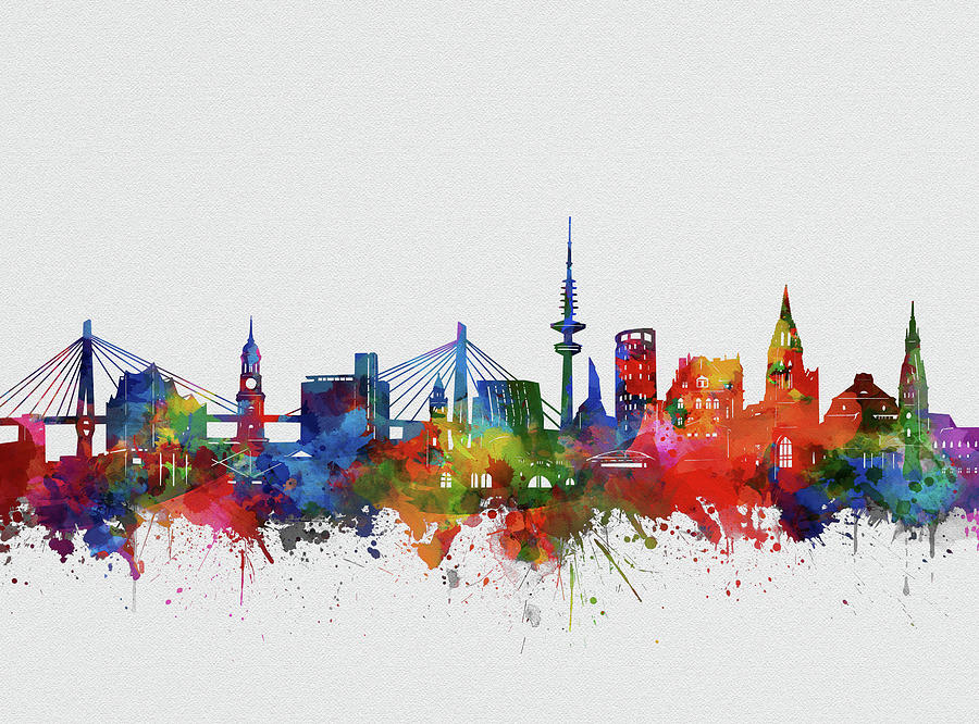 Hamburg City Skyline Watercolor Digital Art
