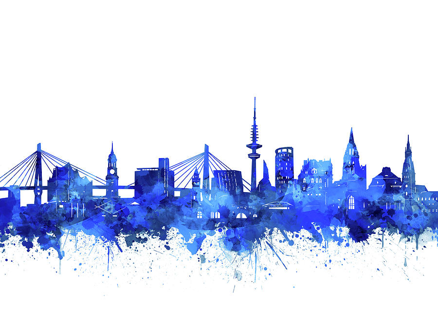 Hamburg Skyline Watercolor Blue Digital Art
