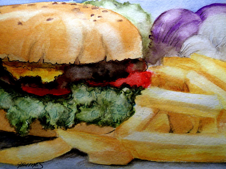 Lettuce Painting - Hamburger  with Fries by Carol Grimes