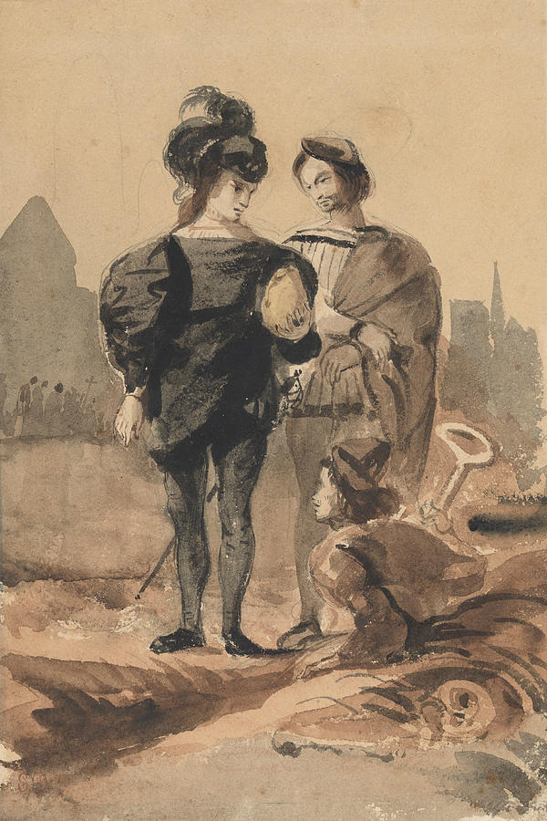 Hamlet and Horatio in the Graveyard Drawing by Eugene Delacroix