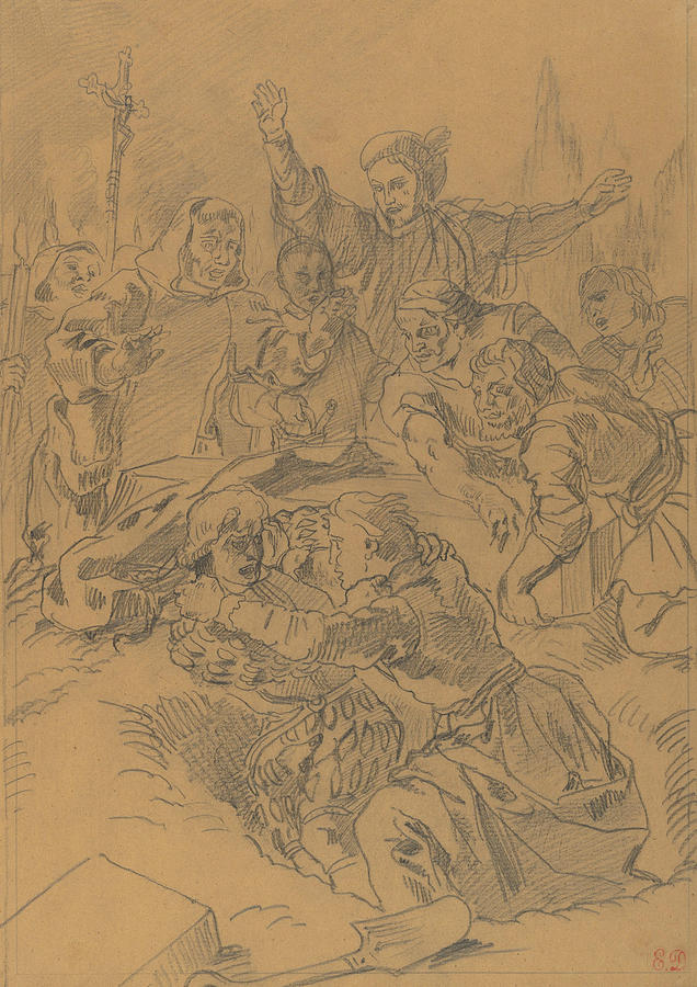 Hamlet and Laertes at the Tomb of Ophelia Drawing by Eugene Delacroix